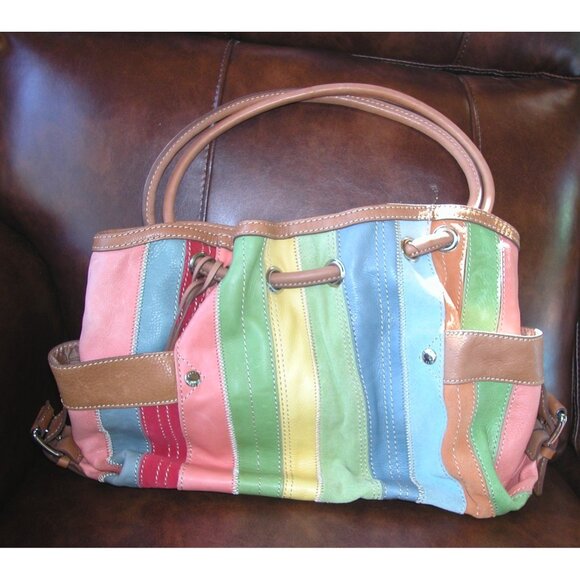 Multicolor Leather Fossel Tote Bag With Dual Handles & Buckle Accents - Picture 1 of 6